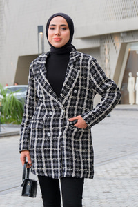 Etnik Desen Tüvit Blazer Ceket Siyah