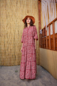 Etnik Desenli Elbise Kırmızı