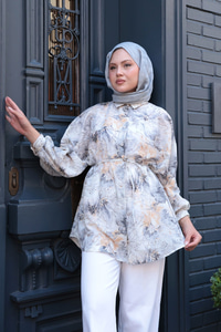 Etnik Desenli Gömlek Gri