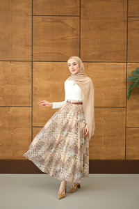 Etnik Desenli Sim Detay Kemerli Etek Somon