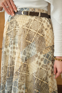 Etnik Desenli Sim Detay Kemerli Etek Sarı