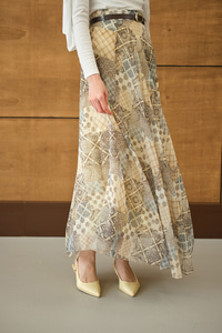 Etnik Desenli Sim Detay Kemerli Etek Sarı