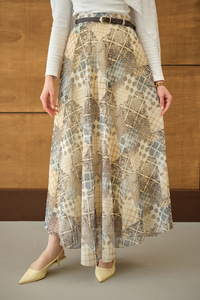 Etnik Desenli Sim Detay Kemerli Etek Sarı