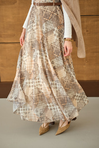 Etnik Desenli Sim Detay Kemerli Etek Somon