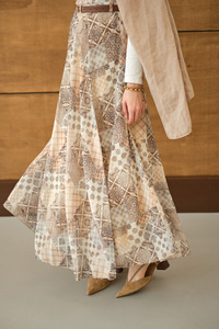 Etnik Desenli Sim Detay Kemerli Etek Somon