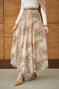 Etnik Desenli Sim Detay Kemerli Etek Somon