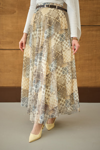 Etnik Desenli Sim Detay Kemerli Etek Sarı