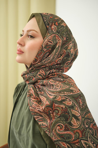 Etnik Yaprak Desen Şal Haki Yeşil