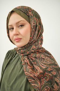 Etnik Yaprak Desen Şal Haki Yeşil