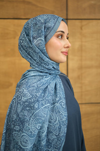 Etnik Yaprak Desen Şal İndigo Mavi