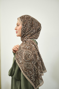 Etnik Yaprak Desen Şal Koyu Vizon