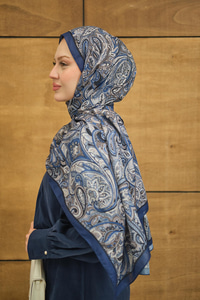 Etnik Yaprak Desen Şal Saks Mavi