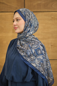 Etnik Yaprak Desen Şal Saks Mavi