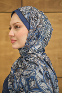 Etnik Yaprak Desen Şal Saks Mavi