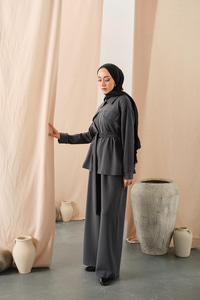 Fermuar Detay Bel Bağlamalı İkili Takım Gri