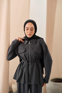 Fermuar Detay Bel Bağlamalı İkili Takım Gri