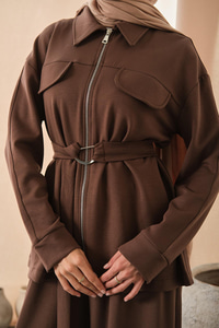 Fermuar Detay Bel Bağlamalı İkili Takım Kahverengi