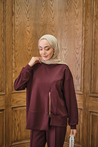 Fermuar Detay İkili Takım Bordo