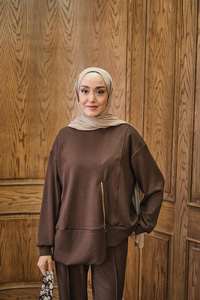 Fermuar Detay İkili Takım Kahverengi