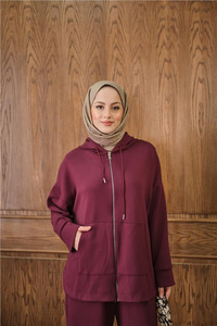 Fermuar Detay Kapüşonlu Takım Bordo