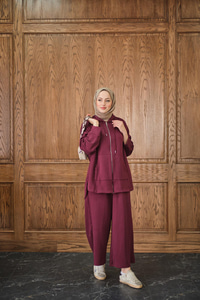 Fermuar Detay Kapüşonlu Takım Bordo