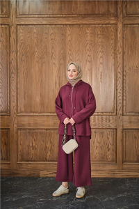 Fermuar Detay Kapüşonlu Takım Bordo