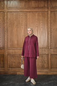 Fermuar Detay Kapüşonlu Takım Bordo