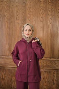 Fermuar Detay Kapüşonlu Takım Bordo