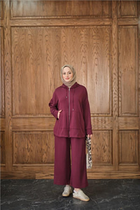 Fermuar Detay Kapüşonlu Takım Bordo