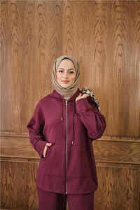 Fermuar Detay Kapüşonlu Takım Bordo