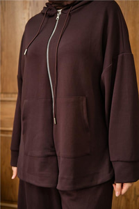 Fermuar Detay Kapüşonlu Takım Kahverengi