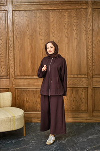 Fermuar Detay Kapüşonlu Takım Kahverengi