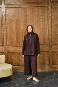 Fermuar Detay Kapüşonlu Takım Kahverengi