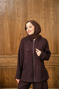 Fermuar Detay Kapüşonlu Takım Kahverengi