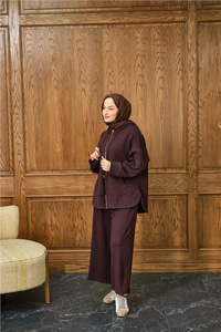 Fermuar Detay Kapüşonlu Takım Kahverengi