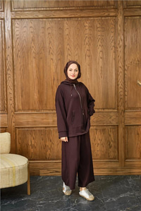 Fermuar Detay Kapüşonlu Takım Kahverengi