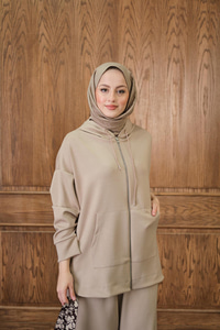 Fermuar Detay Kapüşonlu Takım Krem