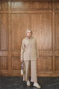 Fermuar Detay Kapüşonlu Takım Krem