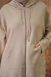 Fermuar Detay Kapüşonlu Takım Krem