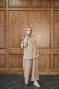 Fermuar Detay Kapüşonlu Takım Krem