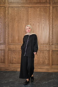 Fermuar Detay Kapüşonlu Takım Siyah