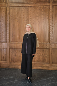 Fermuar Detay Kapüşonlu Takım Siyah