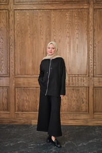 Fermuar Detay Kapüşonlu Takım Siyah