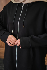 Fermuar Detay Kapüşonlu Takım Siyah