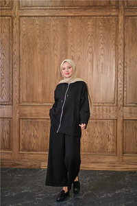 Fermuar Detay Kapüşonlu Takım Siyah