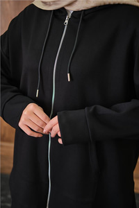 Fermuar Detay Kapüşonlu Takım Siyah