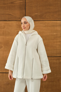 Fermuar Detaylı İkili Takım Beyaz