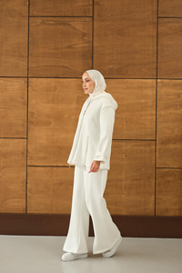 Fermuar Detaylı İkili Takım Beyaz