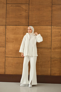 Fermuar Detaylı İkili Takım Beyaz