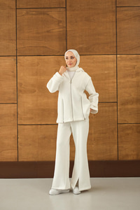 Fermuar Detaylı İkili Takım Beyaz